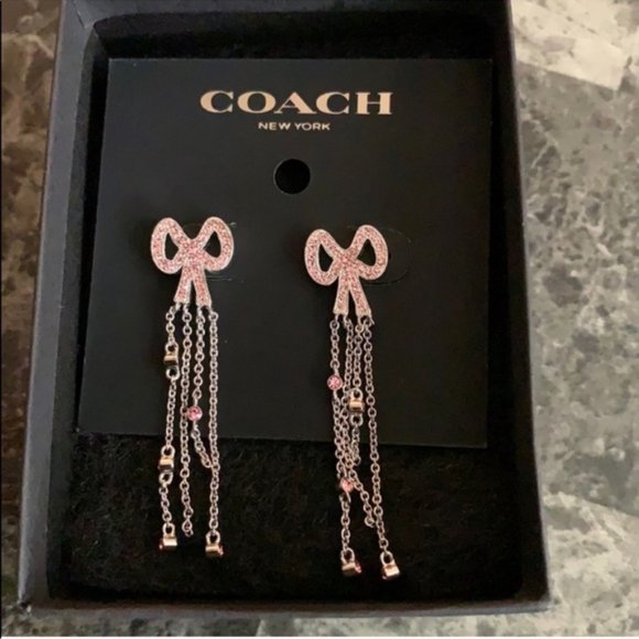 Coach Swarovski Crystals waterfall chains gold pave bow earrings - Picture 2 of 5
